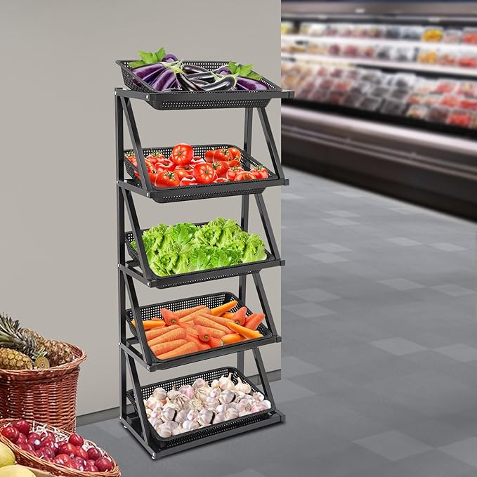 5 Tiers Retail Display Rack, Single Row Commercial Market Shelf Fruit and Vegetable Basket Stand Rack Set Snack Pantry Shelf Unit for Kitchen, Office, Store