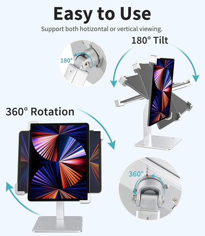 Anti-Theft Desktop Tablet Kiosk Stand for 7-11" Tablets, Security Countertop Stand with Lock & Key, 360 Swivel, Non-Slip Rubber, Compatible with iPad Pro 11/Air/Mini, Galaxy Tab S9/S8/S7