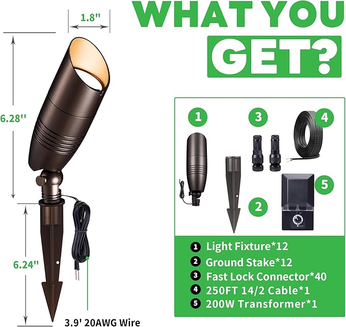 12v Landscape Lighting Kit, with 12 Pack 3CCT Spotlights and 200W Transformer and 250FT Cable and 40 Wire Connectors, Aluminum ORB Ip65 Waterproof Tree Light for Home Patio Plant