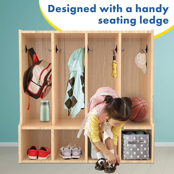 TONGMO Kid's Coat Locker with Bench - 4-Section Toddler-Sized Natural Kids Furniture for Organized Storage (4-Section)