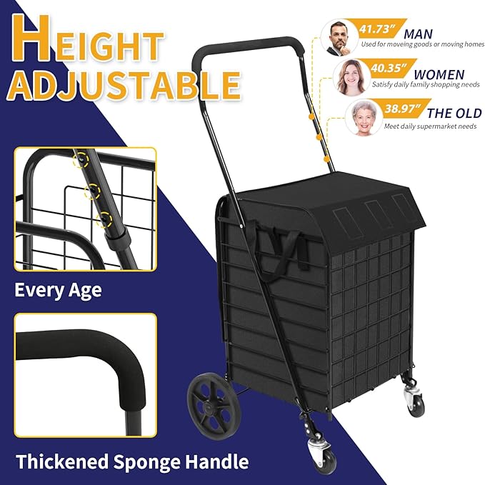 Folding Shopping Cart for Groceries, Grocery Cart with Waterproof Liner and 360° Swiveling Wheels Collapsible Shopping Carts for Condo Laundry Transport Trip