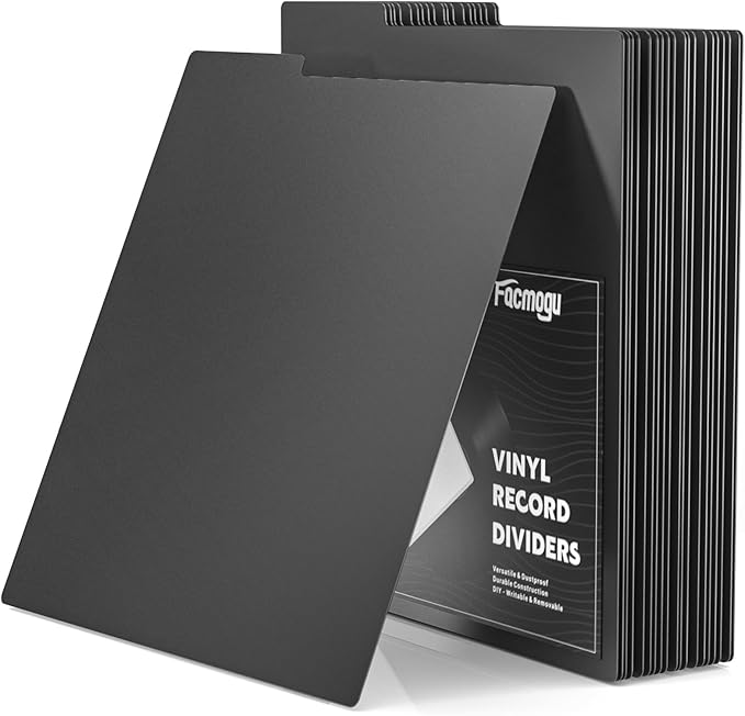 Facmogu 20PCS Vinyl Record Dividers, Upgrade Thicker 33 RPM Plastic Vinyl Record Separators, 12in Blank Writable DIY Record Dividers, Reusable LP Dividers for Vinyl DVD Record Albums Storage - Black