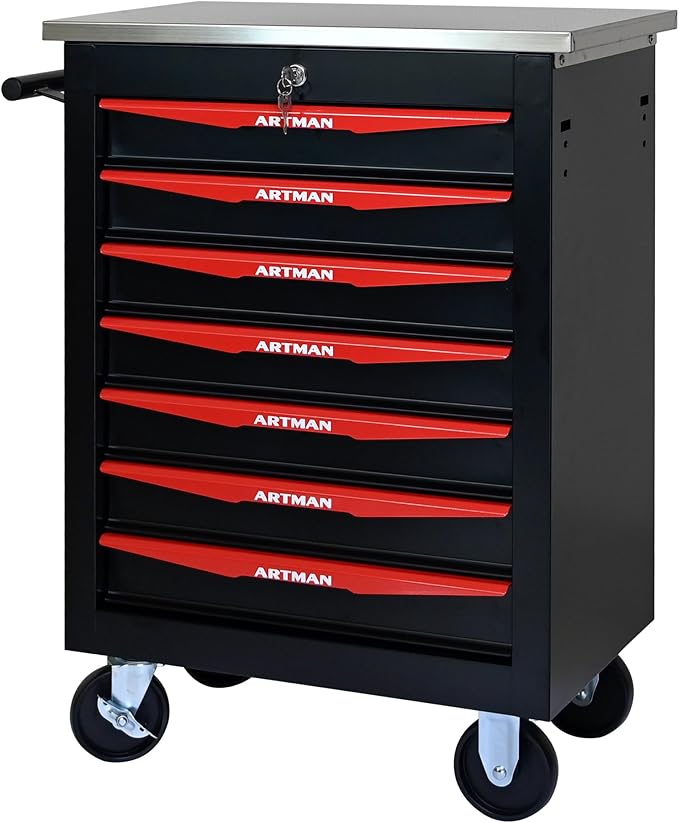 7 Drawers Tool Cart on Wheels with Stainless Steel Worktop, Heavy Duty Mobile Rolling Drawer Tool Chest with Locking Wheels & Lockable Drawers, Garage Tool Storage Cabinet (Black, 7 Drawers)