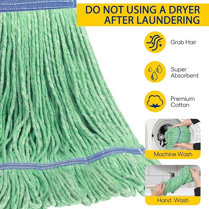 Matthew Cleaning Heavy Duty Mop Head Commercial Replacement for General and Floor Cleaning , Wet Industrial Blue Cotton Looped End String Head Refill (Case of 24) Green
