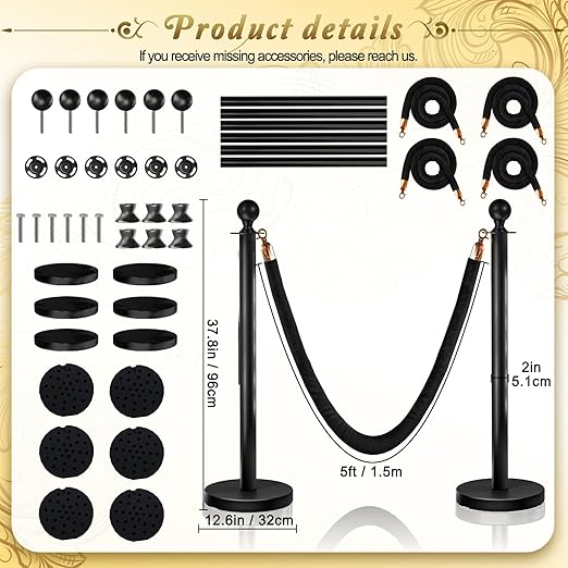 6PCS Black Stanchions Posts with 4PCS 5 ft Black Velvet Rope, Black Velvet Rope Stanchion Set Crowd Control Barriers, Stanchions and Velvet Ropes Red Carpet Poles for Party Supplies