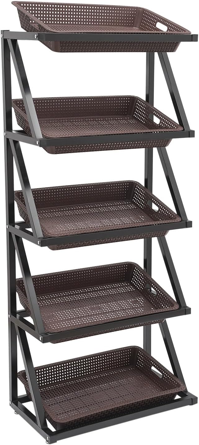 Fruit Vegetable Storage Basket,Kitchen Organizers 5 Tier Basket Stand Storage Baskets Market Shelf for Kitchen Store (Brown)
