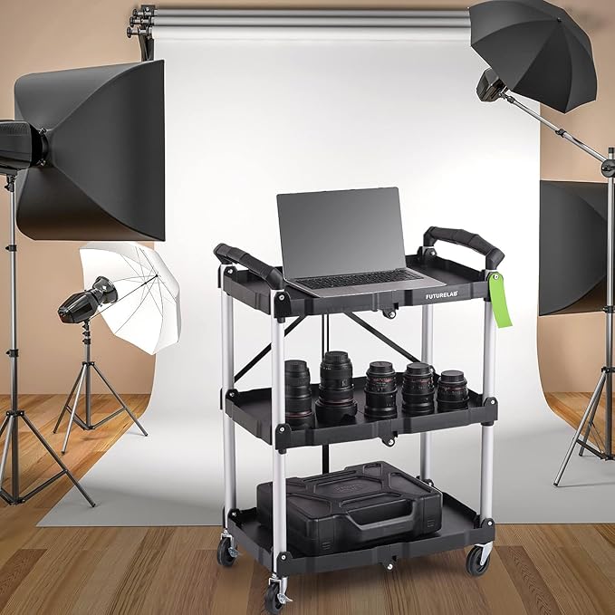 FUTURELAB Portable Folding Service Cart - 3 Tier 330LBS Capacity - Rolling Utility Cart Foldable with Wheels for Warehouse Home Workshops Garages Restaurants Offices (Green)