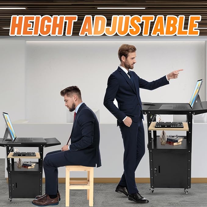 AV Cart, Steel AV Cart with Locking Cabinet and Pullout Keyboard Tray, Adjustable-Height Rolling Media Cart with Wheels & Power (43”x18”x43”)