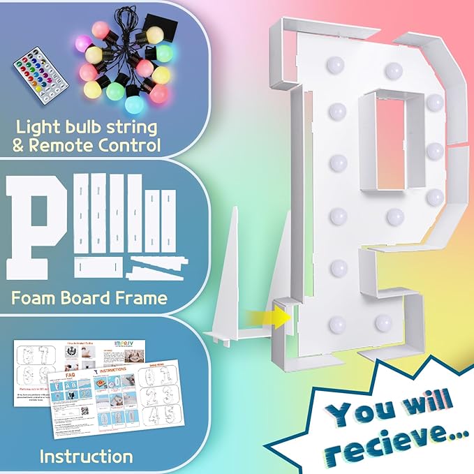 imprsv 4FT Colorful Marquee Letters P, 18 Colors Light Up Letters Alphabet Sign with Remote, Giant Letters for Events, Large Sign for Birthday Engagement Anniversary Wedding Party Decor