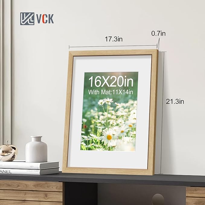 VCK 16x20 Picture Frame 2 Pack - Natural Oak, High-End Wood Poster Frames with Tempered Glass, Display 11x14 Photo with Mat or 16x20 without Mat, Art Gallery-Quality, Wall Hanging, Natural Oak