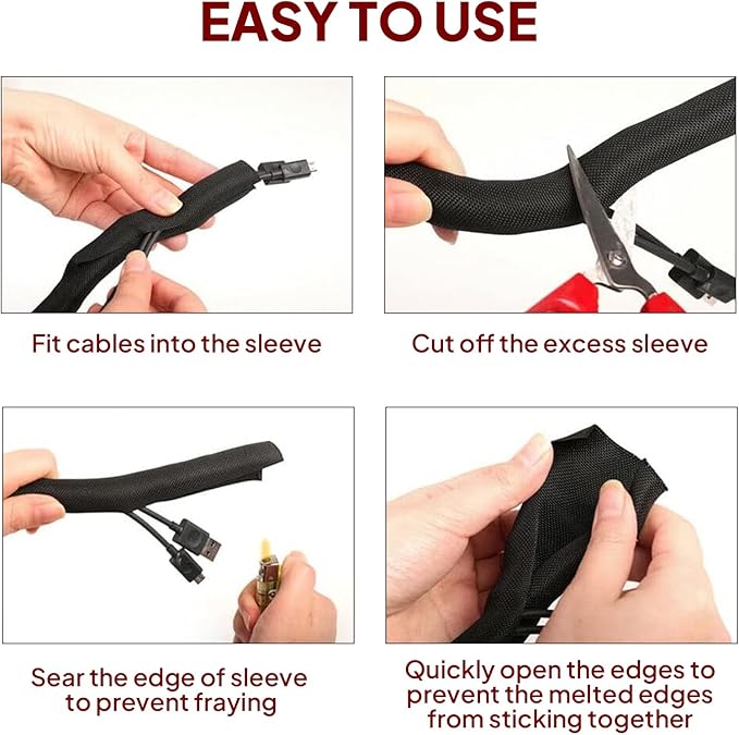 Black Braided Cable Management Sleeves Wire Loom Tubing Cord Protector Self-Wrapping (3/8"-20Feet)