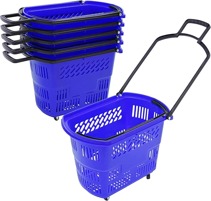 6PCS Plastic Shopping Basket with Handles & Wheels, 35L Rolling Shopping Carts, Grocery Basket with 4 Wheels and Handle, Portable Shopping Baskets for Retail Stores, Supermarkets (6PCS - Blue)