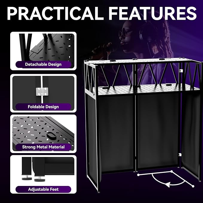 Portable DJ Booth Table,Foldable DJ Table Stand with White & Black Scrim,Adjustable D J Facade Station Metal Frame with Cable Hole for Private Events, Clubs, Bars (Upgrade)