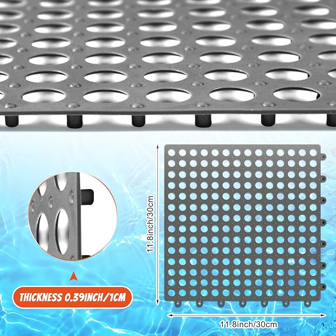 Tinideya 24 Modular Interlocking Floor Mat Rubber Tiles 12"x12" Drainage Interlocking Tiles Drain Holes Non-Slip Drainage Mats for Pool, Kitchen, Shower, Patio Pet Areas (Gray) (Round)