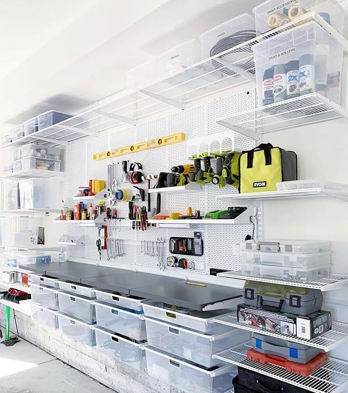 OmniWall Modular Metal Pegboard System, 16x48 inches, Steel Construction, Wall-Mounted Tool Storage (White, Horizontal)