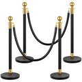 VIVOHOME Heavy Duty Iron Stanchion Post Queue 4PCS Pole w/ 2 Black Velvet Ropes, Crowd Control Barriers w/Fillable Base for High-end Venues, Museums, Party Supplies (4 Pieces, Black and Golden)