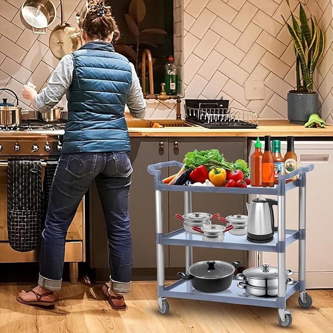 3-Tier Service Cart，3-Shelf Rolling Push Cart with Wheels，360 LBS Heavy Duty Utility Cart for Restaurant, Office, Kitchen & Hotel ，Grey