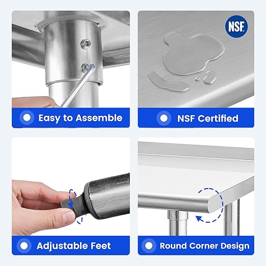 Hally Stainless Steel Table for Prep & Work 24 x 48 Inches, NSF Commercial Heavy Duty Table with Undershelf and Backsplash for Restaurant, Home and Hotel