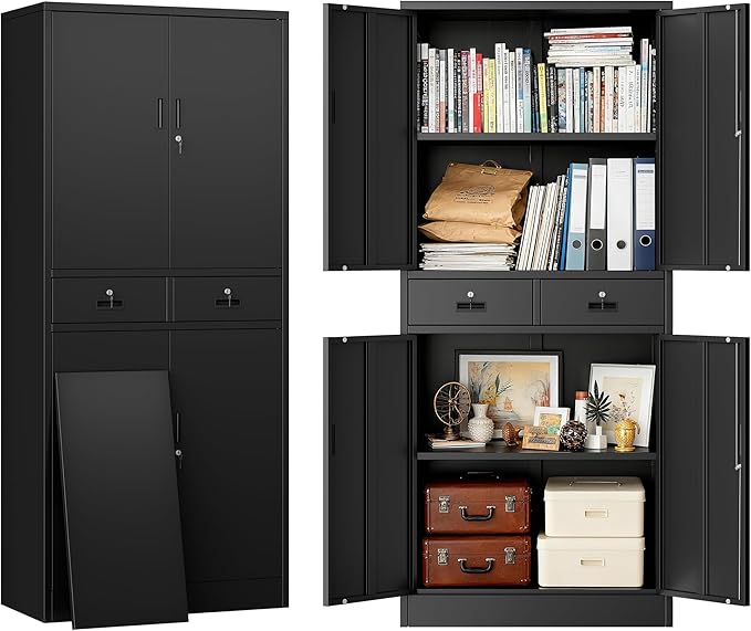 BESFUR 71“H Metal Storage Cabinet with 2 Lockable Drawers and 2 Lockable Doors, Garage Cabinet with 2 Adjustable Shelves, Locking Cabinet for Garage, Office, Classroom - Black
