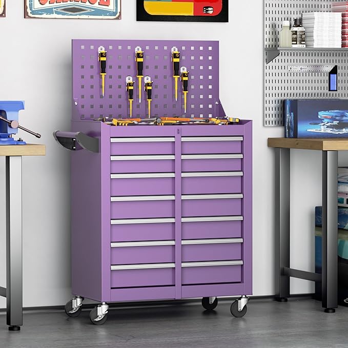 Superday Rolling Tool Chest, 7 Drawer Portable Tool Chest with Wheels, Tool Storage Cabinet with Lock for Garage, Steel Tool Cart with Pegboard & Hooks for Workshop, Warehouse (Purple)