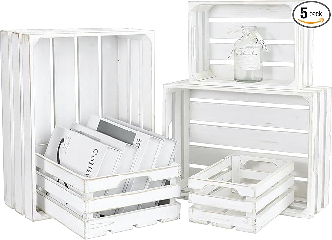 5-Piece Farmhouse Wooden Crate Set - Rustic Wooden Crates for Display and Storage, Large Whitewashed Decorative Crates, Farmhouse Apple Crates, Painted Wood Crates for Decor