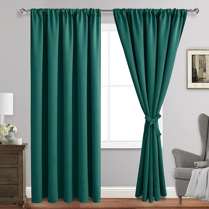 JIUZHEN Christmas Blackout Curtains for Bedroom - Thermal Insulated Room Darkening Rod Pocket Curtains for Living Room, Set of 2 Panels with Tiebacks, 60 x 84 Inch Length, Forest Green