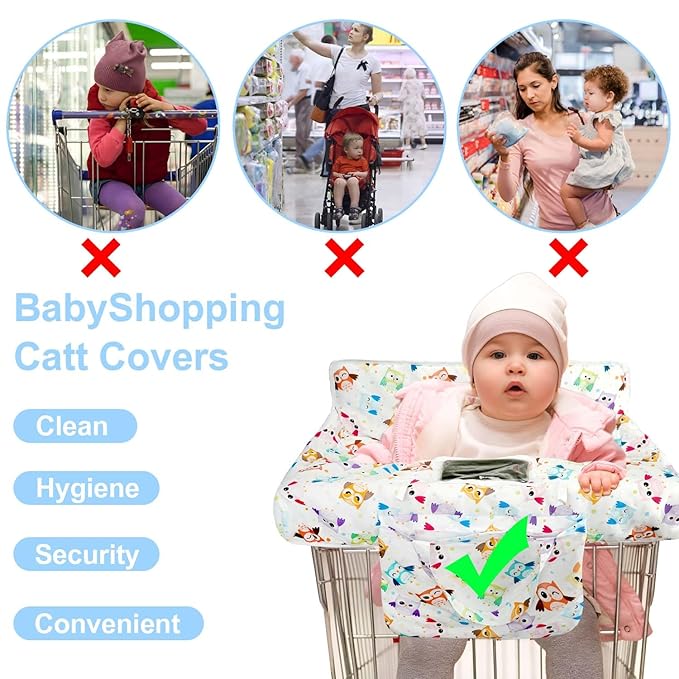 White Shopping Cart Cover for Baby 2-in-1 High Chair Cover with Safety Harness Multifunctional Owl Pattern Cart Covers for Babies Soft Padded Grocery Cart Cover for Baby Boy Girl