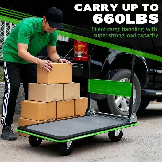 660lbs Large Size Heavy Duty Green Flatbed Cart, Folding Platform Hand Truck with 360° Swivel Silent Wheels, Steel Push Dolly for Warehouse & Moving