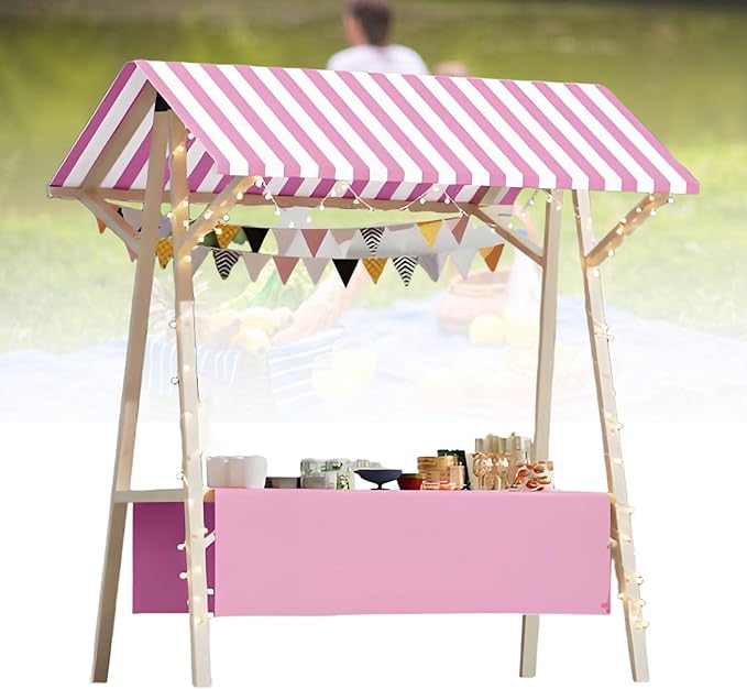 Collapsible Mobile Market Stall Carts Vendor on Wheels, Wood Outdoor Vendor Cart, Easy to Assemble for Parties, Birthdays, Weddings, Bar(Pink2,150cm/59in)