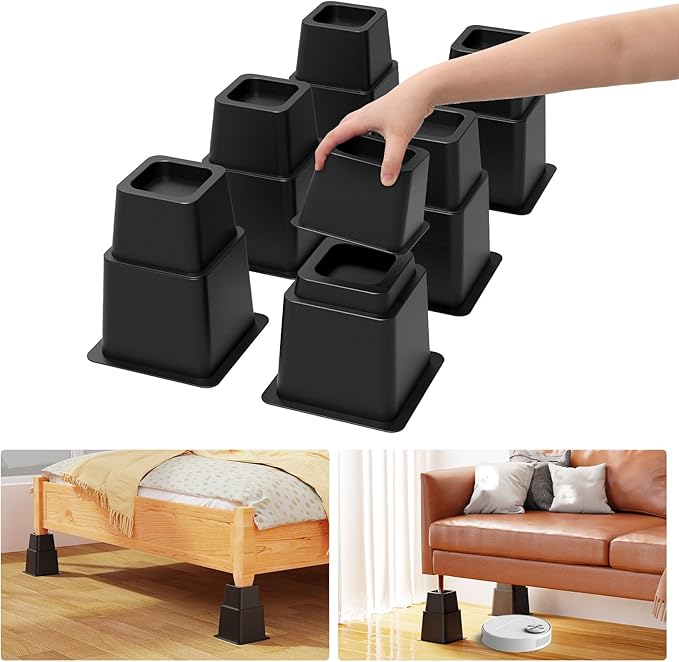 3, 5 or 8 inch Bed Risers Heavy Duty, Adjustable Furniture Risers for Bed, Sofa, Table, Chair, Support up to 1500 Lbs (Set of 6, Black)