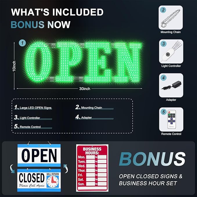 30" x 10" Large LED Open Signs with Remote Control 14 Modes Dimmable Open Sign for Business Window Stores Retail and Restaurant Green