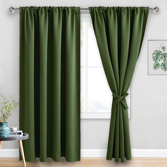 JIUZHEN Christmas Blackout Curtains for Bedroom - Thermal Insulated Room Darkening Rod Pocket Curtains for Living Room, Set of 2 Panels with Tiebacks, 70 x 96 Inch Length, Olive Green