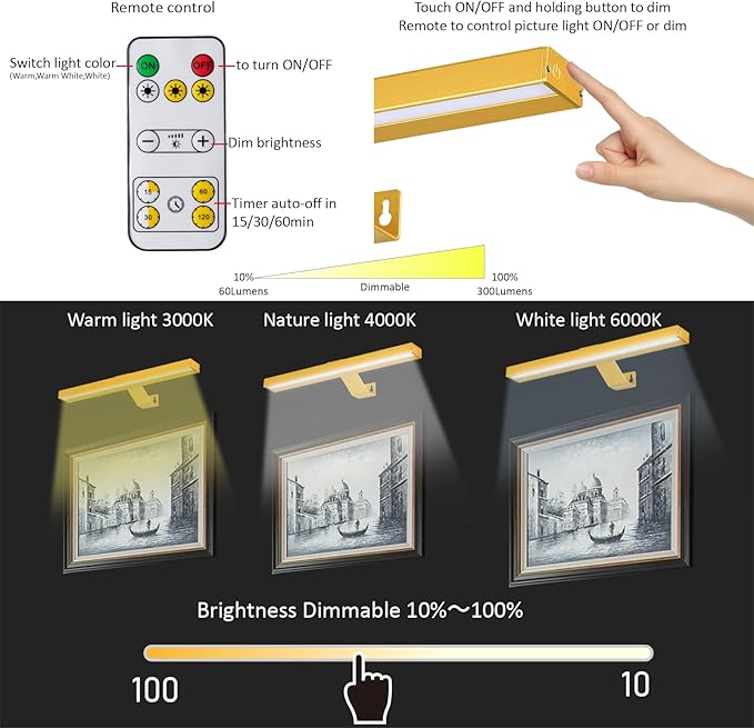 MIOBLUE Wireless Picture Lights with Remote - Rechargeable Battery Art Display Light - 16" Full Metal Accent Light for Paintings