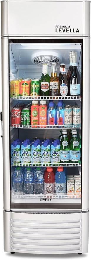 PremiumLevella PRF90DX Glass Door Display Refrigerator 9.0 cu ft Commercial Beverage Cooler Merchandiser With Customizable Lightbox - Silver
