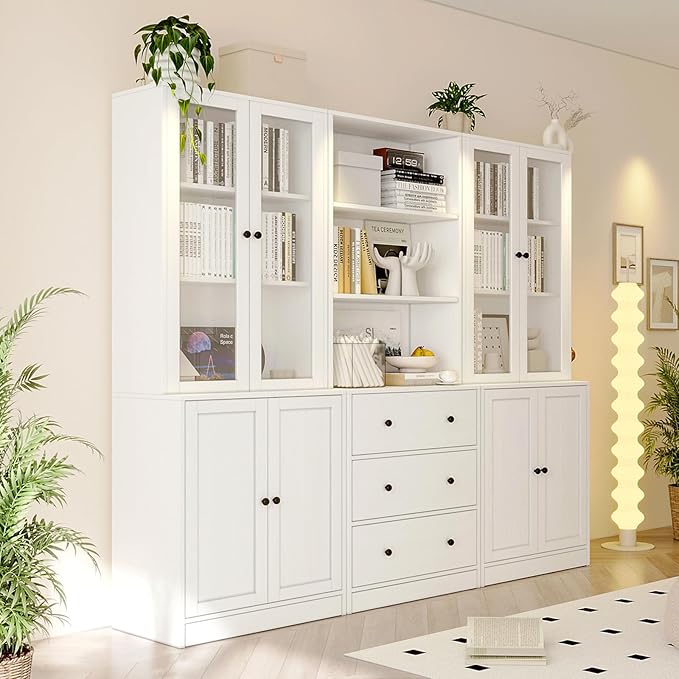 TUSY 71" H Bookshelf Bookcase with Doors, 3-Tier Modern Bookshelves with 3 Large Drawer, Display Bookcase with Glass Doors, Modern 5-Tier Curio Cabinet for Home Office, Dining Room (White, BAB)
