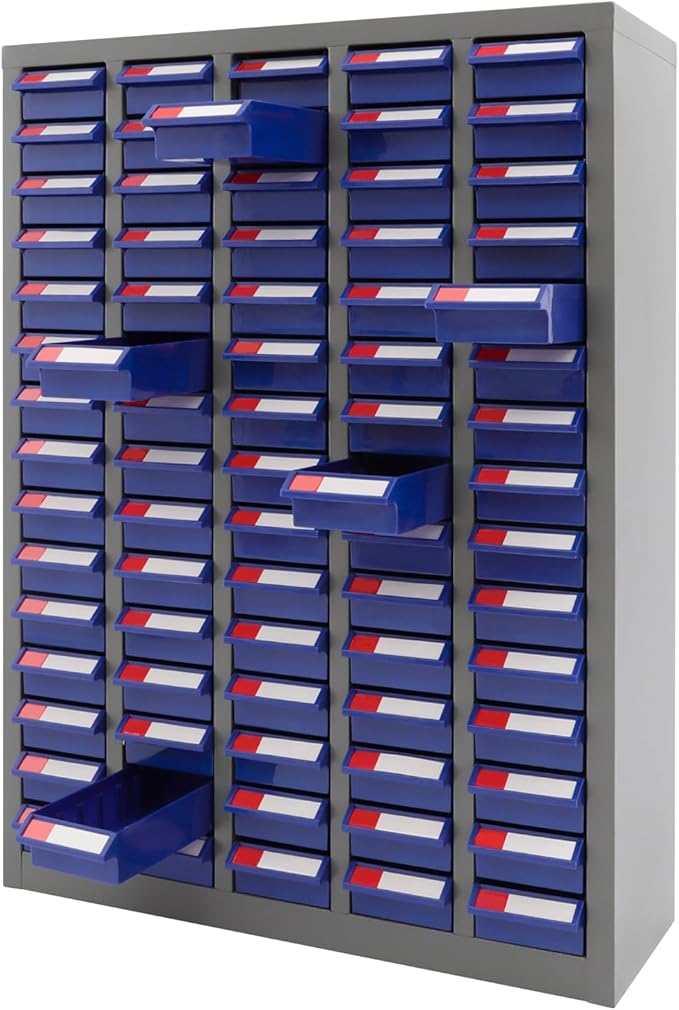 75 Drawer Parts Cabinet,Metal Tool Cabinet with Each Drawer 5.5 Lbs Load ,Bolt and Nut Tool Storage Box with Hooks , Material Cabinet for Hardware Stores, Warehouses, Car Repair Shops(Grey & Blue )