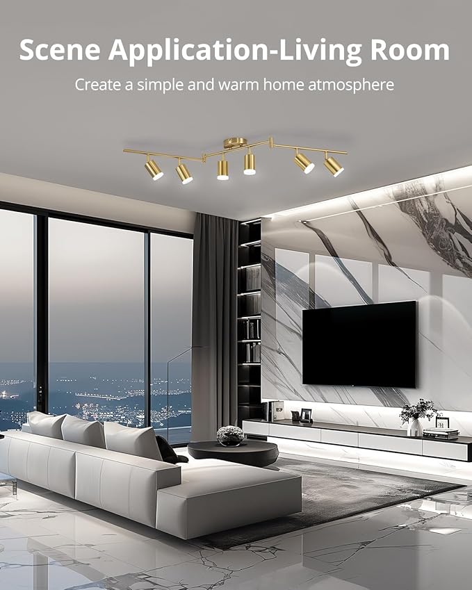 Bojim 6 Light Gold Track Lighting Kit, Modern LED Track Lighting Fixtures Ceiling, Flexibly Rotatable LED Light Head with Acrylic Ring, Kitchen Ceiling Spot Light(GU10 Socket, Bulbs Not Included)
