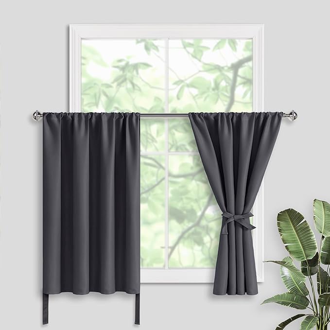 JIUZHEN Short Blackout Curtains for Small Window - Cafe Room Darkening Privacy Thermal Insulated Half Window Curtains Tiers for Bathroom,Kitchen, W 42 x L 36, Set of 2 Panels with Tiebacks, Dark Grey