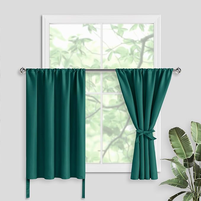 JIUZHEN Short Blackout Curtains for Small Window - Cafe Room Darkening Privacy Thermal Insulated Window Curtains Tiers for Bathroom,Kitchen, W 42 x L 36, Set of 2 Panels with Tiebacks, Forest Green