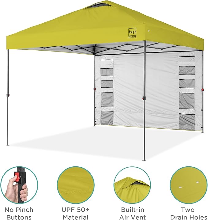 Best Choice Products 10x10ft Easy Pop Up Canopy w/Side Wall, 10 Pockets, Portable Carrying Case, 1-Button Setup, 4 Weight Bags - Yellow