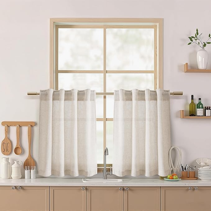 Nanspring Beige Linen Curtains for Kitchen Windows Over Sink - Cafe Curtain Semi Sheer with Back Tab and Rod Pocket Rustic Farmhouse Bistro Curtains for Bathroom, 2 Panels 26 x 24 Inch