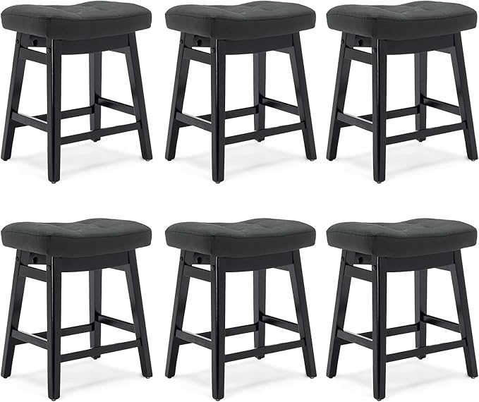 Counter Height Black Bar Stools Set of 6 for Kitchen Counter, Backless Farmhouse Kitchen Island Barstools with Upholstered Faux Leather Saddle Seat and Solid Wood Legs Modern 24 inch Bar Chairs