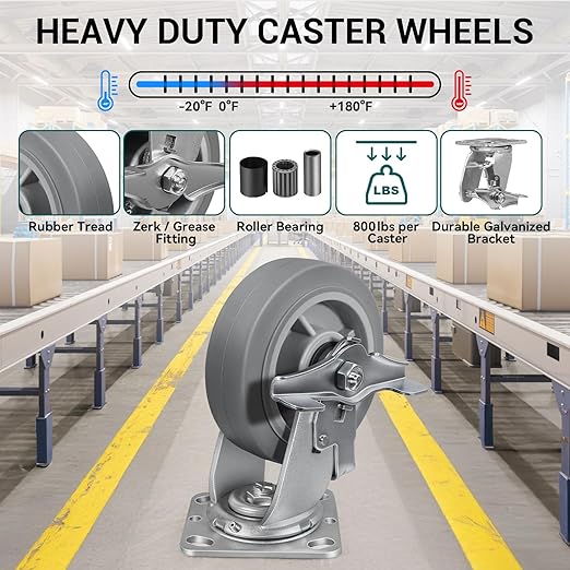 6'' × 2'' Caster Wheels, Heavy Duty Industrial Casters, Rubber Wheels with Roller Bearing, Load 900lbs per Swivel Caster for Cart Dolly Toolbox Trolley (2 Brake)