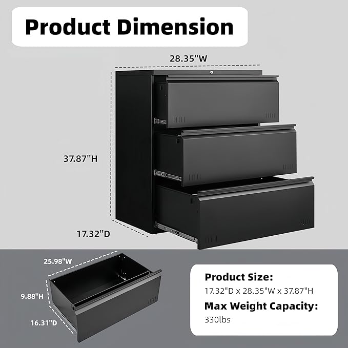 Lateral 3 Drawer File Cabient with Lock, Metal Filing Cabinets for Home Office, Heavty Duty Office Storage Cabinet for A4/Letter/Legal (Matte Black)