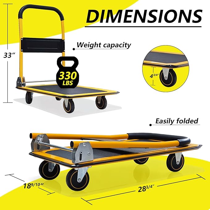 Foldable Push Cart Dolly - 330lb Capacity Moving Cart, Heavy Duty Platform Truck with 360 Degree Swivel Wheels & Easy Storage