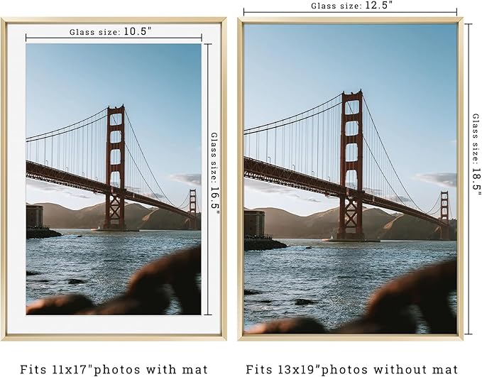 Frametory, 13x19 Metal Picture Frame with Mat for 11x17 Picture & Real Glass, Aluminum Photo Frame Collection (Gold, 1 Pack)