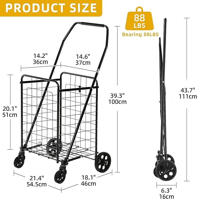 DWVO Folding Shopping Cart with Waterproof Liner, Collapsible Utility Cart with Wheels for Seniors, Portable Grocery Cart for Shopping, Laundry, Storage, and Camping