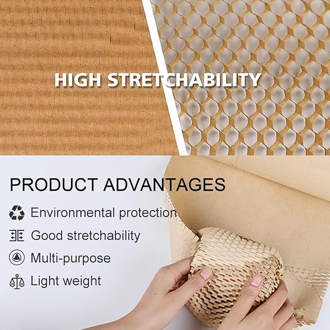 Honeycomb Packing Paper,12" W x 200' L Bubble Cushioning Wrap for Packing Moving,Products & Gifts Wrapping Paper,Recyclable and Biodegradable Shipping Packing Materials with 20 Fragile Sticker Labels