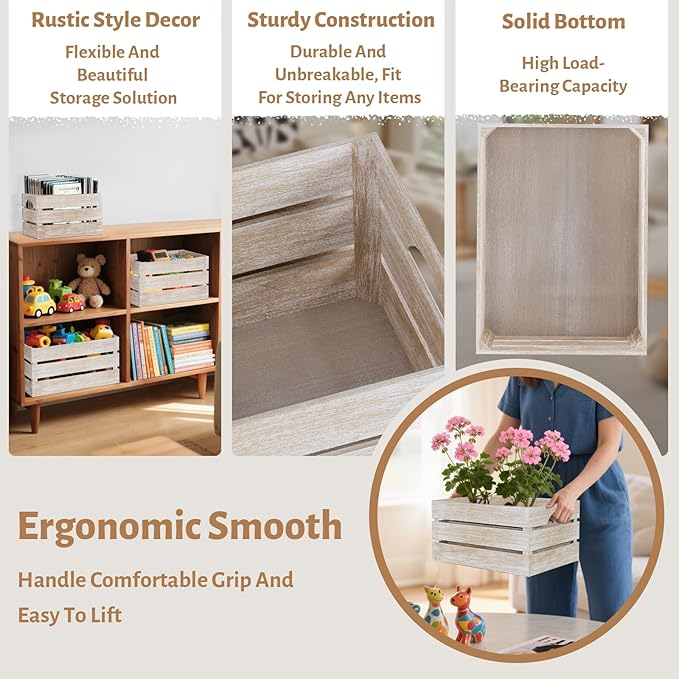 Set of 3 Wood Nesting Storage Crates with Handle(Large,Medium,Small), Farmhouse Decorative Wooden Crates for Display, Rustic Wood Baskets for Home Organization Decor (Washedwhite)
