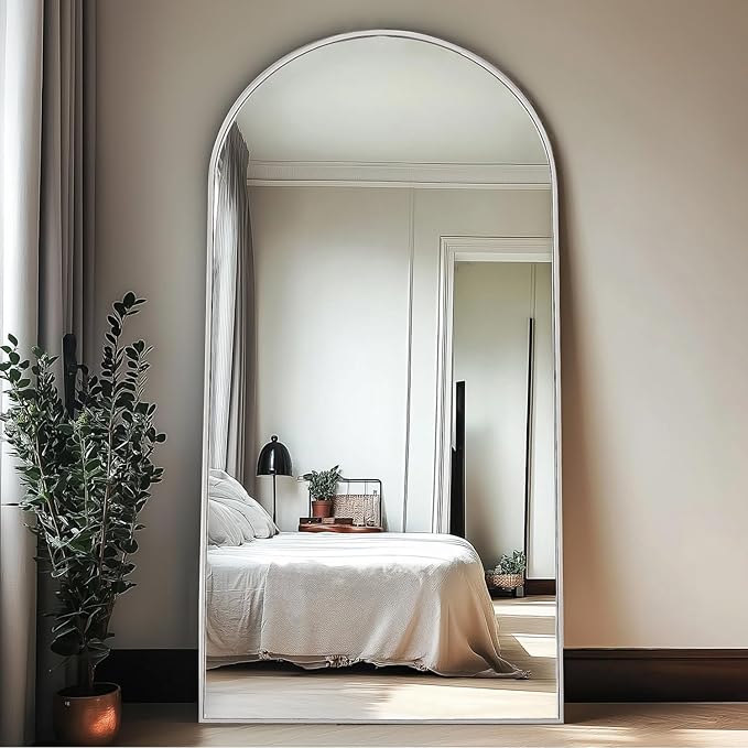 TinyTimes Full Length Mirror, 71''x30'' Floor Mirror with Stand, Arched Wall Mounted Mirror, Large Full Body Mirror with Aluminum Frame Hanging or Leaning for Bedroom, Living Room, Cloakroom (White)